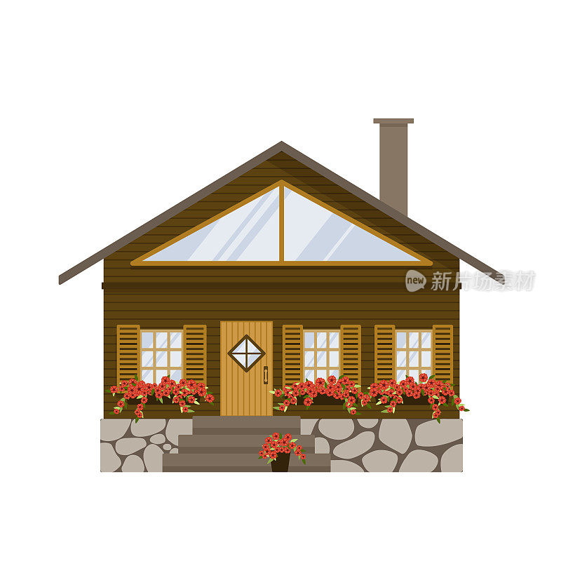 Сhalet. Swiss cottage. Alpine house. Flat, cartoon, vector